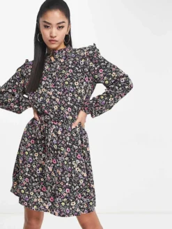 JDY Sofia Floral Belted Dress For Women Black Aop:flower