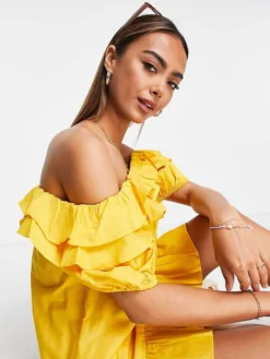 JDY Ruffle Detail Bardot Mini Dress In Yellow For Women