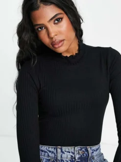 JDY High Neck Lettuce Edge Top In Black For Women