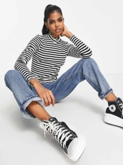 JDY High Neck Lettuce Edge Top In Black Stripe For Women