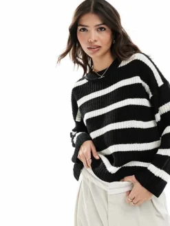 JDY Knitted Crew Neck Jumper In Beige & Black Stripe For Women