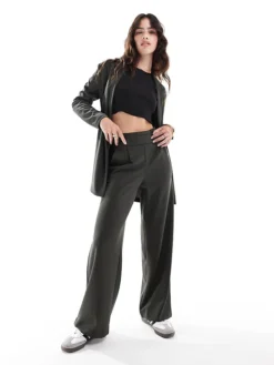 JDY Button Detail Wide Leg Dad Trousers In Dark Green For Women