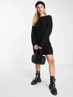 JDY Wide Neck Knitted Mini Jumper Dress In Black For Women