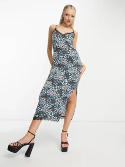 JDY Exclusive Lace Trim Midi Dress With Side Split In Blue Ditsy Floral For Women Ditsy Flower