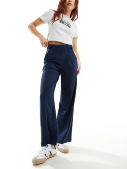 JDY Button Detail Wide Leg Dad Trousers In Navy For Women