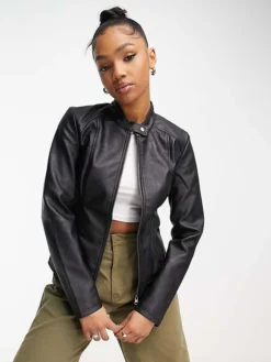 JDY Collarless Faux Leather Jacket In Black For Women