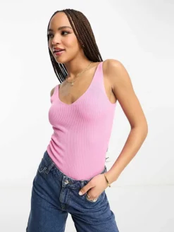 JDY V Neck Knitted Vest Top In Light Pink For Women