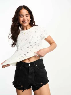 JDY Jersey Broderie T-shirt In White For Women