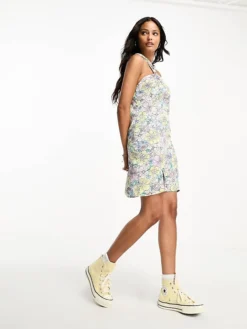 JDY Exclusive Halterneck Satin Mini Dress Lilac & Yellow Retro Floral For Women