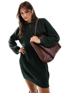 JDY Boat Neck Knitted Mini Jumper Dress In Green For Women