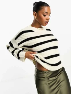 JDY Knitted Crew Neck Stripe Jumper In Black & Cream For Women Cream Stripe