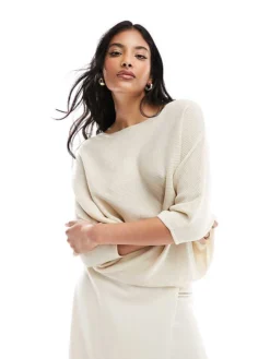 JDY Bat Sleeve Ribbed Jumper In Cream For Women