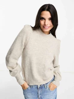 JDY Puff Sleeve Jumper In Stone For Women Grey