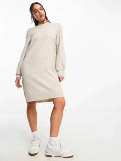 JDY Puff Sleeve Knitted Mini Jumper Dress In Stone For Women Grey
