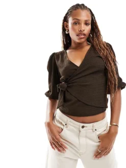 JDY Textured Wrap Crop Top With Tie Front Detail In Brown For Women