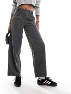 JDY High Waisted Crop Wide Leg Tailored Trousers In Dark Grey For Women Grey Melange
