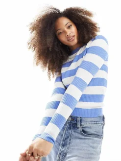 JDY Ribbed Long Sleeve Top In White & Blue Stripe For Women Cornflour Blue