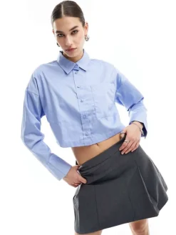 JDY Long Sleeve Cropped Shirt In Blue For Women Provence