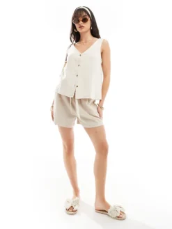 JDY Linen Mix Shirt & Trousers Co-ord In Stone