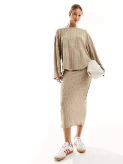 JDY Ribbed Midi Skirt Co-ord In Beige For Women Humus