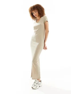 JDY Ribbed Cap Sleeve Maxi Dress In Beige For Women Humus