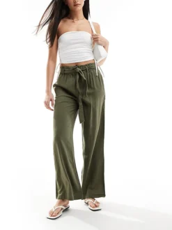 JDY Wide Leg Belted Linen Trousers In Khaki For Women Kalamata