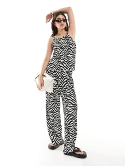 JDY Plisse Tank Top Co-ord In Black & White Zebra Print For Women Eggnog Multi