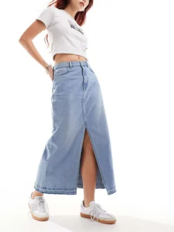 JDY Split Front Denim Maxi Skirt In Light Wash Blue For Women Light Blue Denim