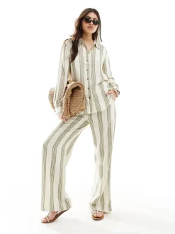 JDY Wide Leg Linen Mix Trouser Co-ord In Sage And White Stripe For Women White & Sage