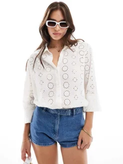 JDY Pointelle 3/4 Sleeve Shirt In Off White For Women