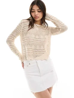 JDY Open Knit Scallop Edge Top In Beige For Women
