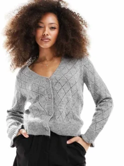 JDY Diamond Knit Cardigan With Lettuce Sleeve In Grey Melange For Women Light Grey Melange