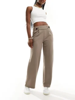 JDY High Waisted Crop Wide Fit Tailored Trousers In Taupe For Women Driftwood Grey