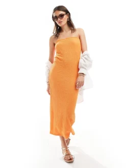 JDY Textured Bandeau Midi Dress Dress In Orange For Women