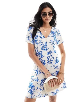 JDY Button Through Dress With Tie Detail In White Floral For Women