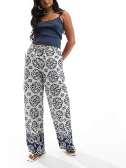 JDY Wide Leg Trouser In White Tile Print For Women