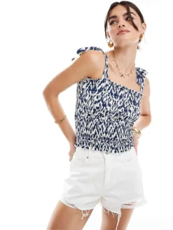 JDY Shirred Smock Top With Tie Straps In White & Blue For Women