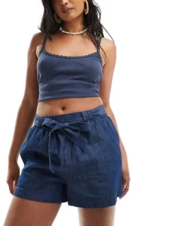 JDY Chambray Tie Front Short In Indigo For Women Mid Blue