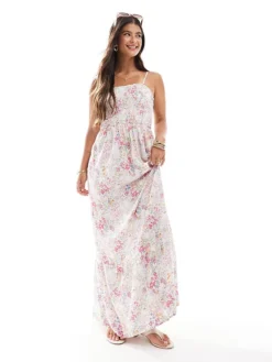 JDY Shirred Top Maxi Dress In Ditsy Pink Floral For Women