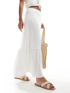 JDY Tiered Pointelle Maxi Skirt In Off White For Women