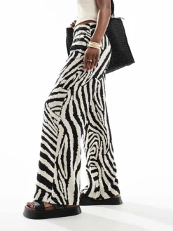 JDY Wide Leg Trouser In Zebra Print For Women Tapioca Black