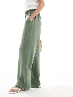 JDY Paperbag Waist Wide Leg Linen Trousers In Khaki For Women