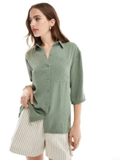JDY 3/4 Sleeve Shirt In Khaki For Women