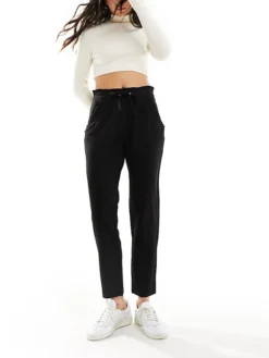 JDY Slim Fit Trousers With Frill Waistband In Black For Women