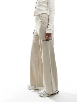 JDY Wide Leg Trousers With Cargo Pockets In Texture Beige For Women