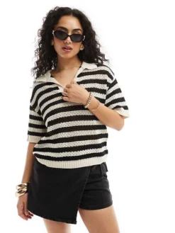 JDY Open Knit Polo Top In Black And White Stripe For Women