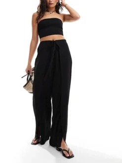 JDY Loose Fit Texture Trouser With Layered Side Split In Black For Women