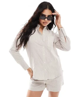 JDY Long Sleeve Textured Shirt Co-ord In Beige & White Stripe For Women