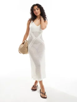 JDY Knitted Beach Midi Dress In Stone For Women