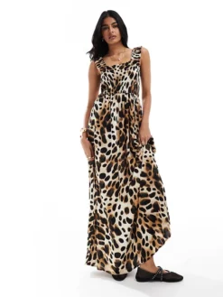 JDY Shirred Top Maxi Dress In Leopard Print For Women Brown